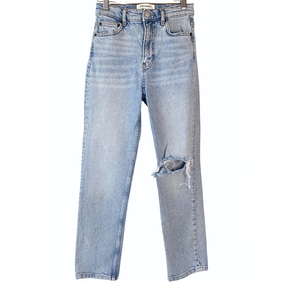 Reformation Womens Cynthia High Rise Straight Jeans 24 Blue Montego Destroyed